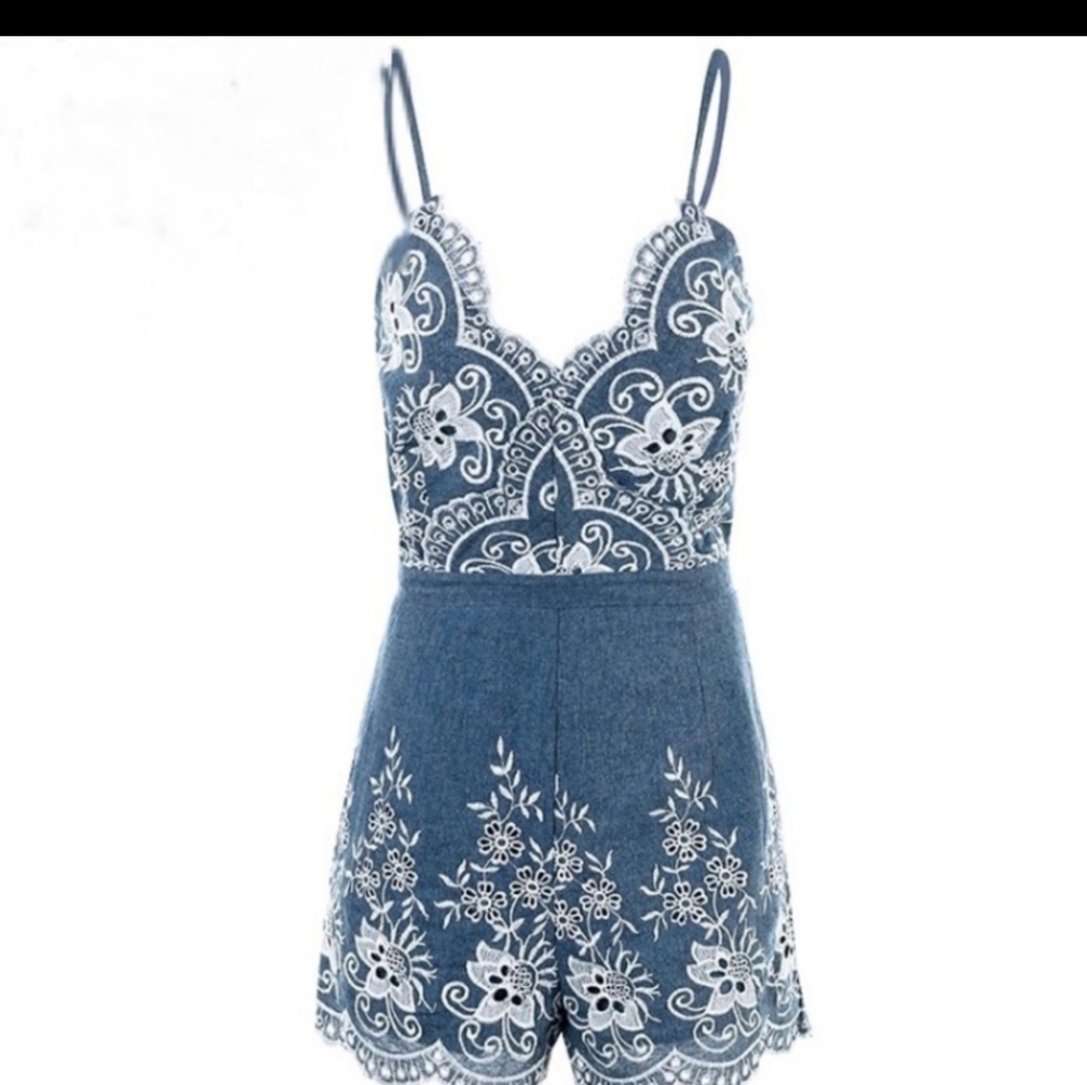 Scalloped fitted denim romper.New Listing! - Picture 3 of 5